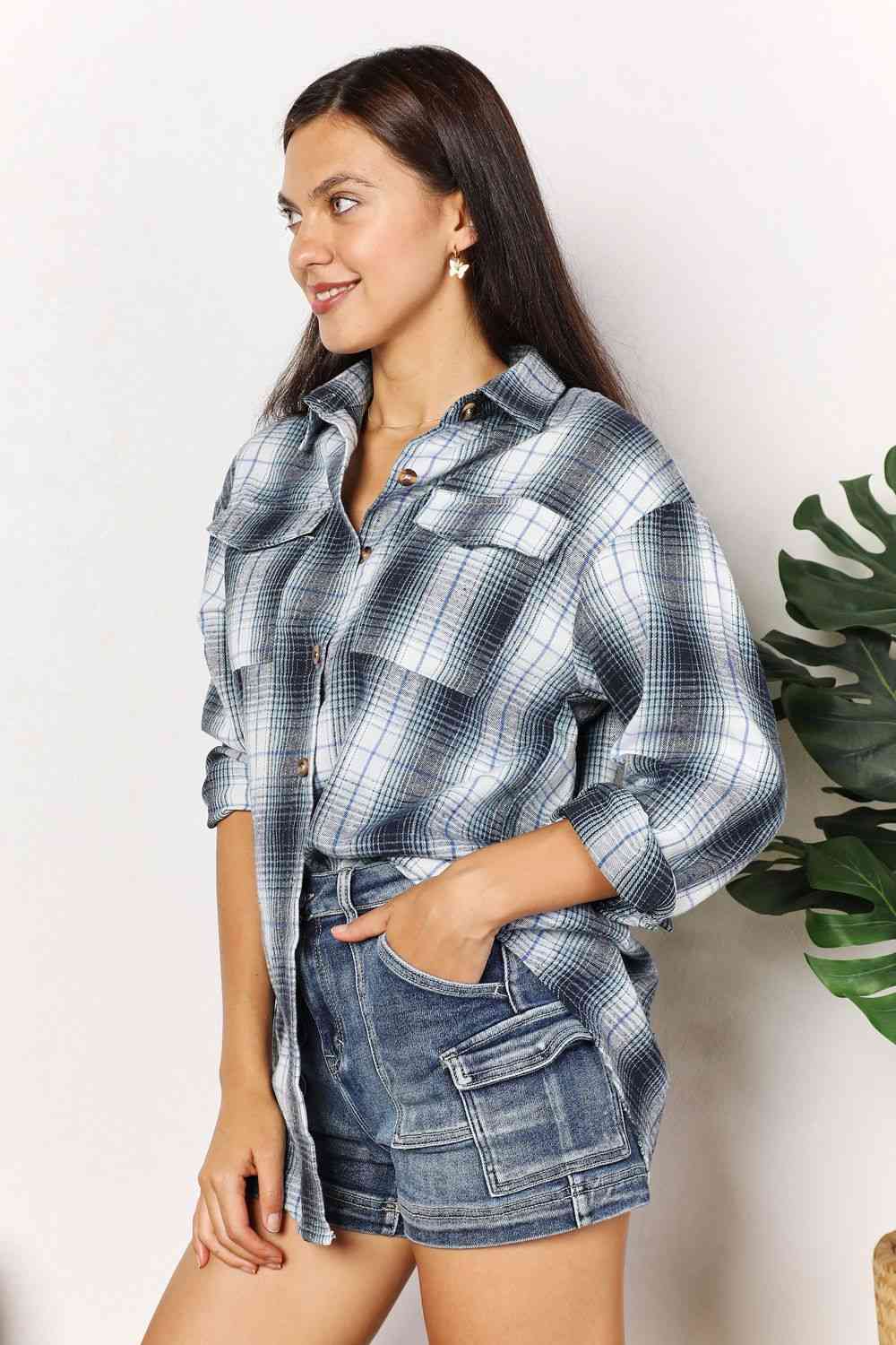 Dark Slate Gray Double Take Plaid Dropped Shoulder Shirt Sentient Beauty Fashions Apparel & Accessories