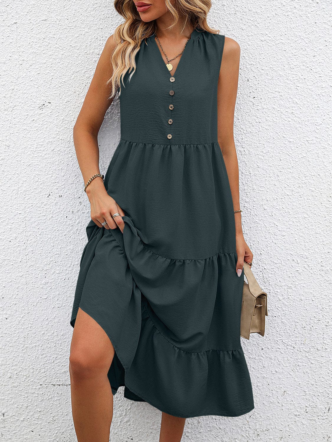 Light Gray V-Neck Sleeveless Tiered Dress