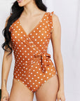 Light Gray Marina West Swim Full Size Float On Ruffle Faux Wrap One-Piece in Terracotta Sentient Beauty Fashions Swimwear
