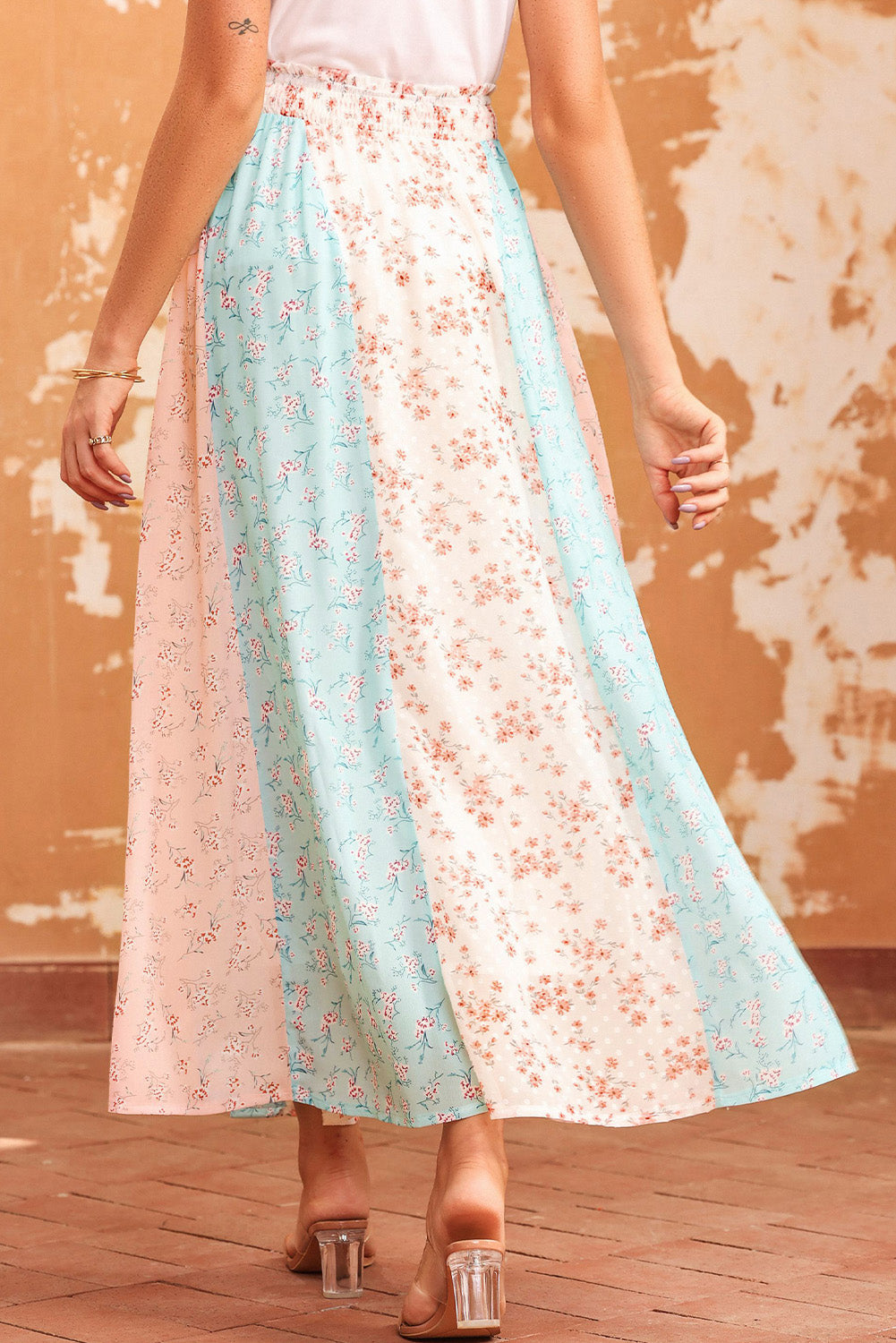 Light Gray Floral Color Block Smocked Waist Maxi Skirt