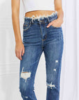 Dark Slate Blue RISEN Full Size Undone Chic Straight Leg Jeans Sentient Beauty Fashions Apparel & Accessories