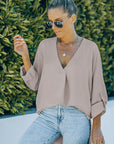 Dark Gray V-Neck Roll-Tab Sleeve Blouse Sentient Beauty Fashions tops