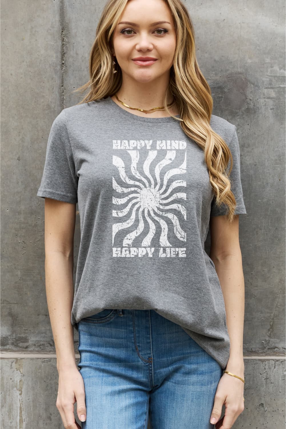 Light Slate Gray Simply Love Full Size HAPPY MIND HAPPY LIFE Graphic Cotton Tee Sentient Beauty Fashions Apparel &amp; Accessories