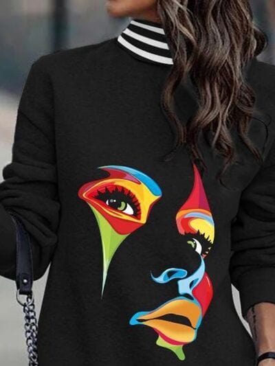 Black Printed Turtleneck Long Sleeve Mini Dress