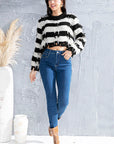 Light Gray Striped Fringe Round Neck Sweater Sentient Beauty Fashions Apparel & Accessories