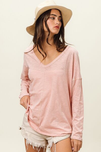 Light Gray BiBi Exposed Seam V-Neck Long Sleeve T-Shirt Sentient Beauty Fashions Apparel &amp; Accessories