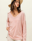 Light Gray BiBi Exposed Seam V-Neck Long Sleeve T-Shirt Sentient Beauty Fashions Apparel & Accessories