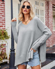 Dark Gray V-Neck Slit Exposed Seam Sweater