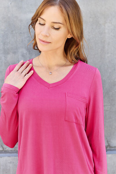 Pale Violet Red Basic Bae Full Size V-Neck Long Sleeve Top Sentient Beauty Fashions Apparel &amp; Accessories