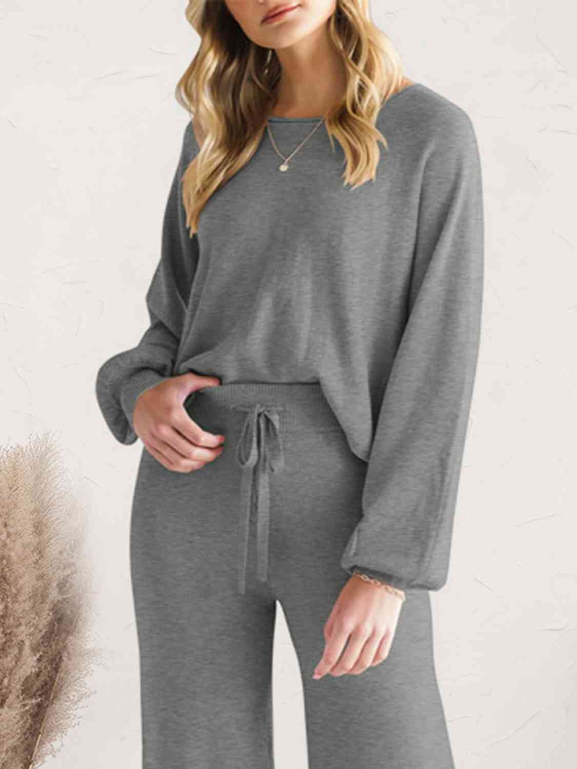 Light Gray Long Sleeve Lounge Top and Drawstring Pants Set