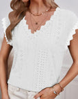 Light Gray V-Neck Eyelet Short Sleeve Top