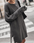 Gray Round Neck Long Sleeve Slit Oversized Sweater Sentient Beauty Fashions Apparel & Accessories