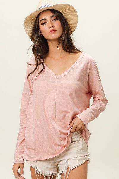 Bisque BiBi Exposed Seam V-Neck Long Sleeve T-Shirt Sentient Beauty Fashions Apparel & Accessories