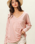 Bisque BiBi Exposed Seam V-Neck Long Sleeve T-Shirt Sentient Beauty Fashions Apparel & Accessories