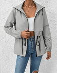 Gray Drawstring Zip Up Hooded Jacket