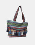 White Smoke Printed Tassel Detail Tote Bag Sentient Beauty Fashions *Accessories