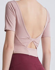 Light Gray Cutout Backless Round Neck Active T-Shirt Sentient Beauty Fashions Apparel & Accessories