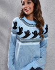 Dark Gray Ghost Pattern Round Neck Long Sleeve Sweater