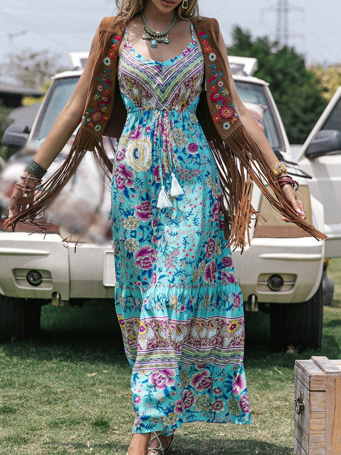 Dim Gray Printed Scoop Neck Sleeveless Maxi Dress Sentient Beauty Fashions Apparel & Accessories