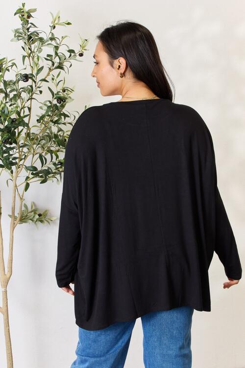 Black Zenana Full Size Round Neck Long Sleeve Top with Pocket Sentient Beauty Fashions Apparel &amp; Accessories