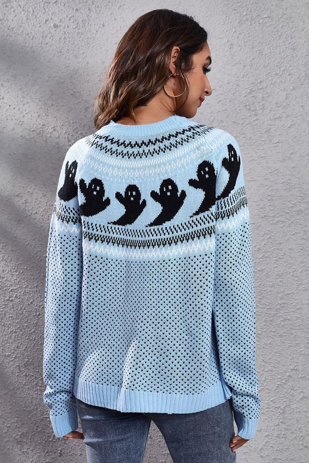 Dark Gray Ghost Pattern Round Neck Long Sleeve Sweater