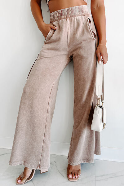 Gray Elastic Waist Wide Leg Pants with Pockets Sentient Beauty Fashions Apparel &amp; Accessories