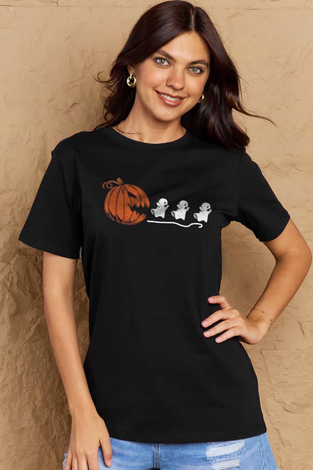 Rosy Brown Simply Love Full Size Jack-O'-Lantern Graphic Cotton Tee Sentient Beauty Fashions Apparel & Accessories