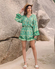 Tan Printed Ruffled Balloon Sleeve Romper Sentient Beauty Fashions Apparel & Accessories