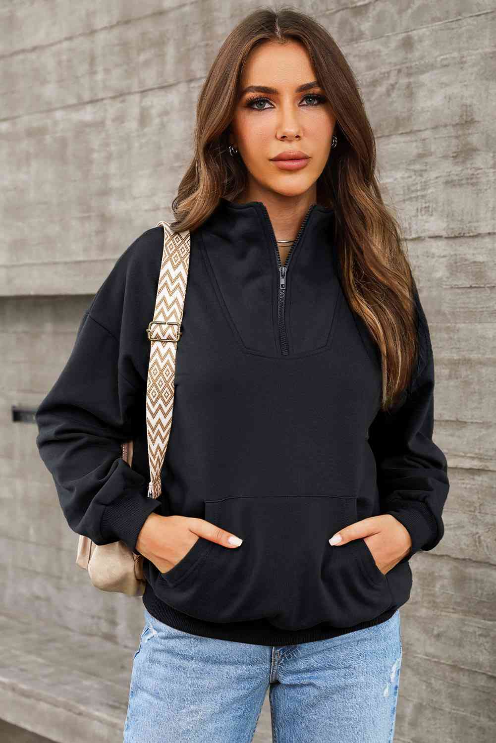 Dark Gray Half Zip Drop Shoulder Sweatshirt and Pocket