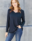 Gray Basic Bae Full Size V-Neck Long Sleeve Top Sentient Beauty Fashions Apparel & Accessories