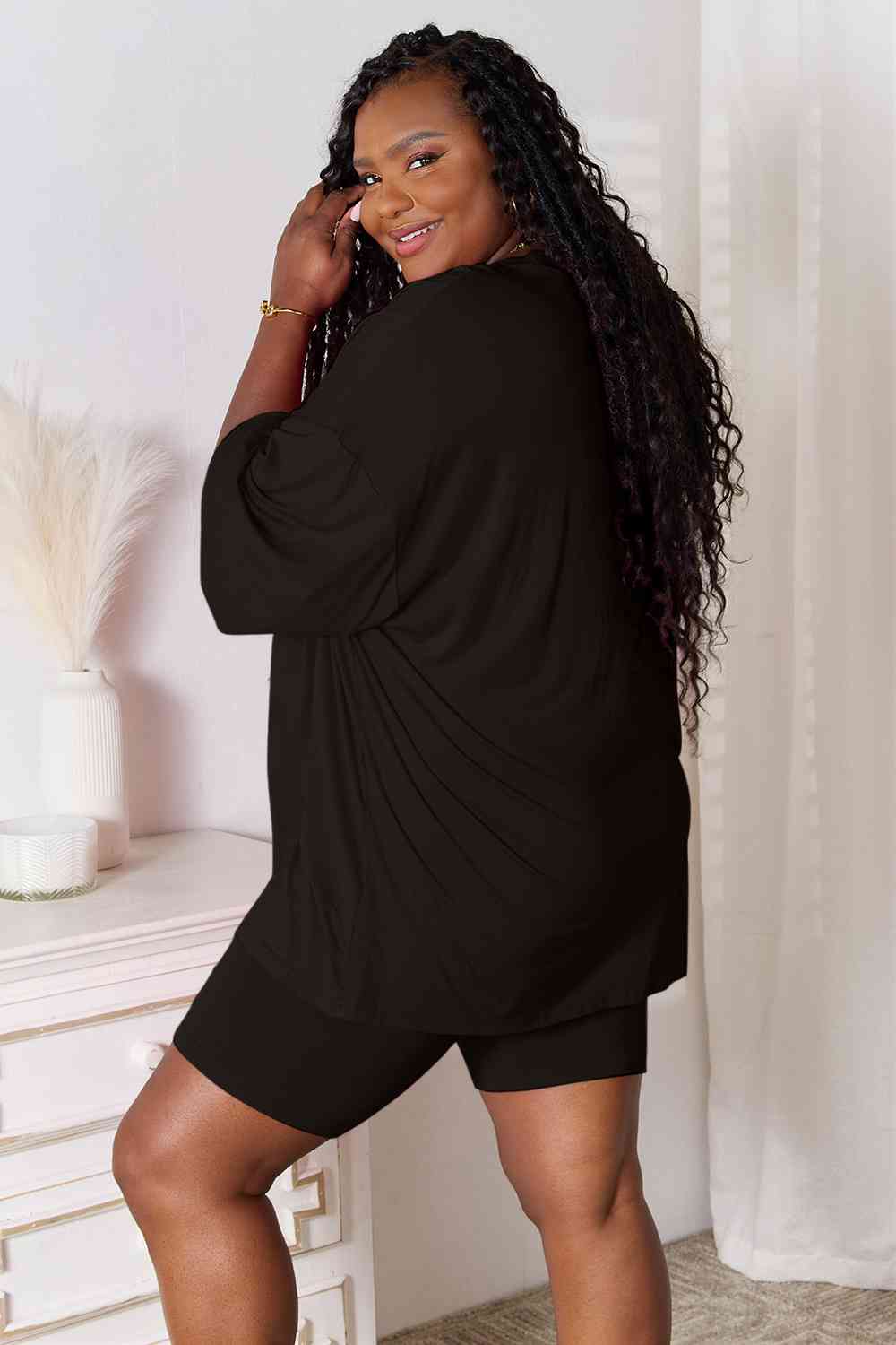 Black Basic Bae Full Size Soft Rayon Three-Quarter Sleeve Top and Shorts Set