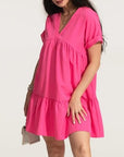 Maroon V-Neck Short Sleeve Ruffle Hem Dress Sentient Beauty Fashions Apparel & Accessories