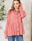 Gray Heimish Full Size Waffle-Knit Button Down Blouse Sentient Beauty Fashions Apparel & Accessories