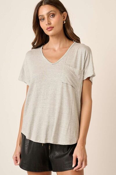 Light Gray Mittoshop Striped V-Neck Short Sleeve T-Shirt Sentient Beauty Fashions Apparel &amp; Accessories