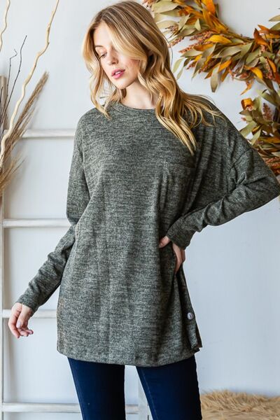 Gray Reborn J Button Side Round Neck Long Sleeve T-Shirt Sentient Beauty Fashions Apparel & Accessories