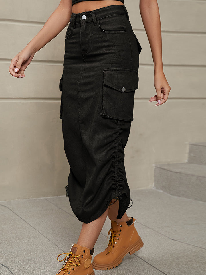 Rosy Brown Drawstring Denim Skirt with Pockets Sentient Beauty Fashions Apparel &amp; Accessories