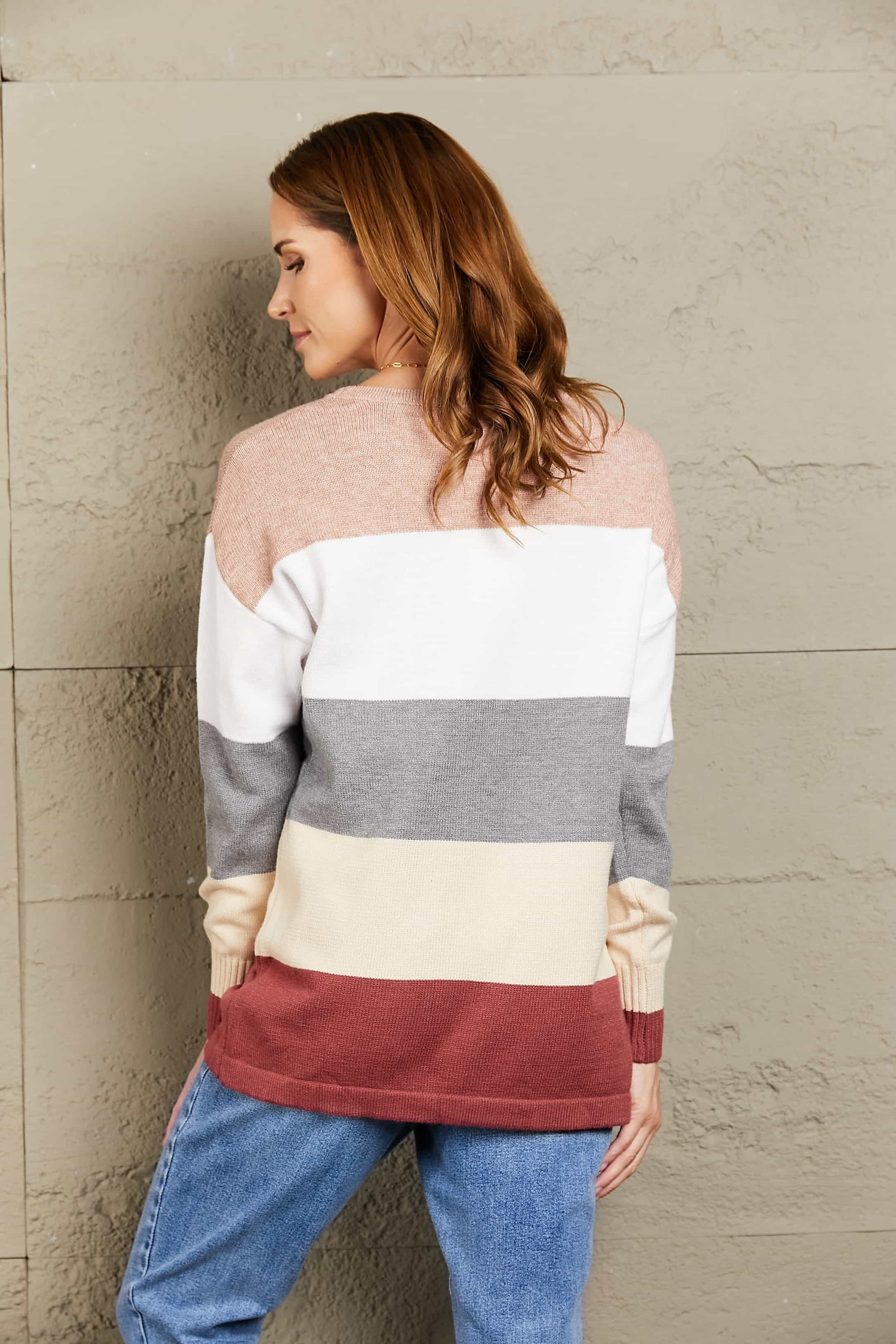 Gray Woven Right Color Block Drop Shoulder Round Neck Sweater Sentient Beauty Fashions Apparel &amp; Accessories
