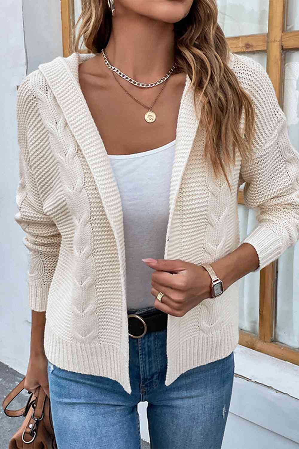 Gray Cable-Knit Dropped Shoulder Hooded Cardigan