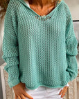 Dark Sea Green Openwork Hooded Long Sleeve Sweater Sentient Beauty Fashions Apparel & Accessories