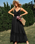 Dark Slate Gray Spaghetti Strap Smocked Waist Spliced Lace Dress Sentient Beauty Fashions dresses