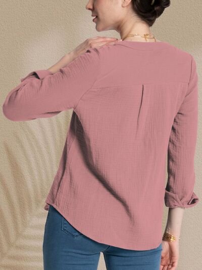 Rosy Brown Textured Notched Long Sleeve Blouse Sentient Beauty Fashions Apparel & Accessories