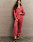 Rosy Brown Ninexis Buttoned Collared Neck Top and Pants Pajama Set