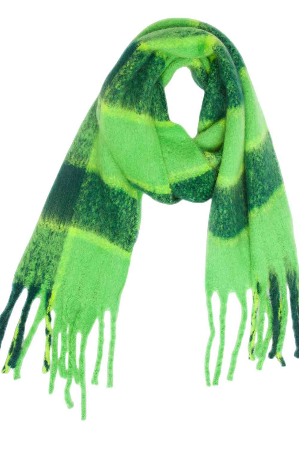 Dark Sea Green Plaid Fringe Detail Polyester Scarf Sentient Beauty Fashions *Accessories