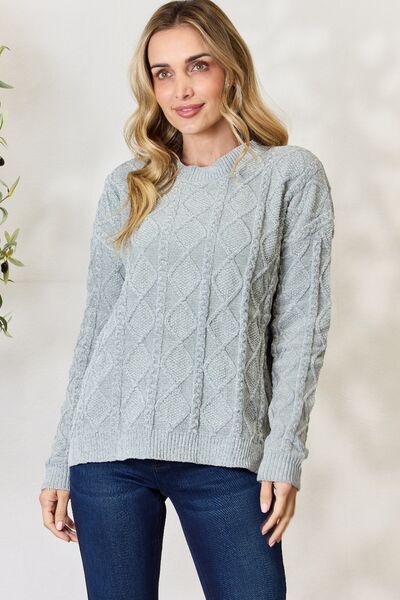 Light Gray BiBi Cable Knit Round Neck Sweater Sentient Beauty Fashions Apparel &amp; Accessories