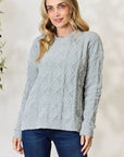 Light Gray BiBi Cable Knit Round Neck Sweater Sentient Beauty Fashions Apparel & Accessories