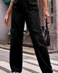 Black Buttoned Knee Pockets Loose Fit Jeans Sentient Beauty Fashions Apparel & Accessories