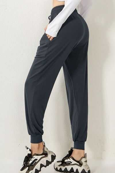 Dark Slate Gray Drawstring High Waist Active Pants Sentient Beauty Fashions Apparel &amp; Accessories