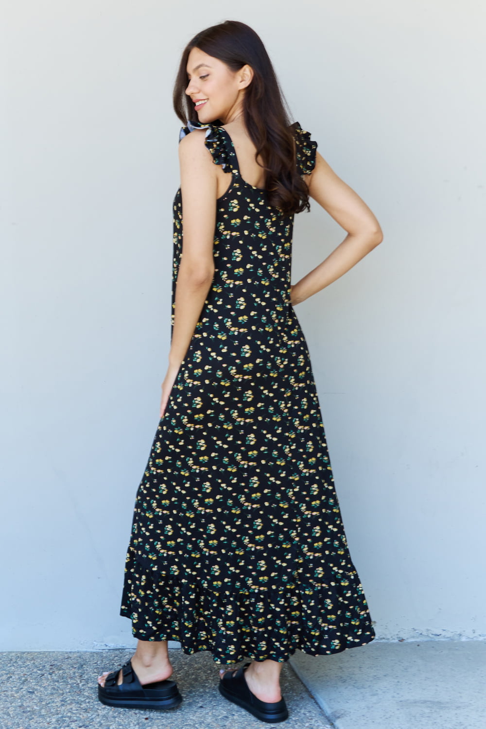 Light Gray Doublju In The Garden Ruffle Floral Maxi Dress in  Black Yellow Floral Sentient Beauty Fashions Apparel & Accessories