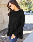 Dark Gray Basic Bae Full Size Ribbed Round Neck Long Sleeve Knit Top Sentient Beauty Fashions Apparel & Accessories