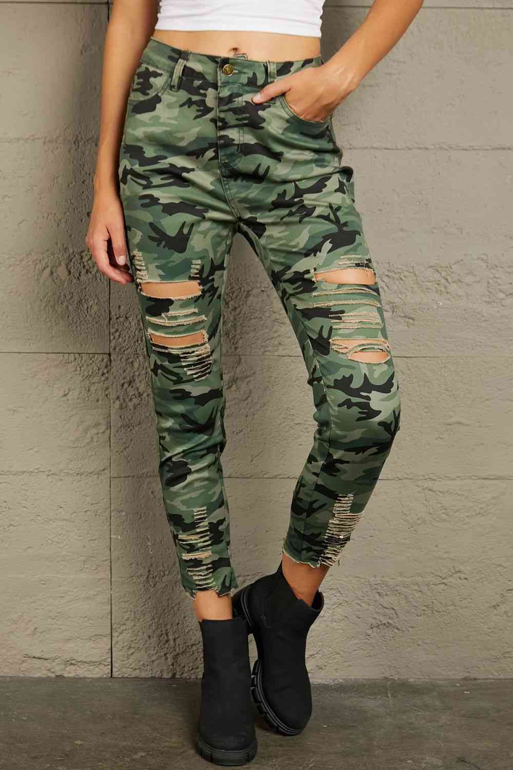 Dim Gray Baeful Distressed Camouflage Jeans Sentient Beauty Fashions Apparel & Accessories